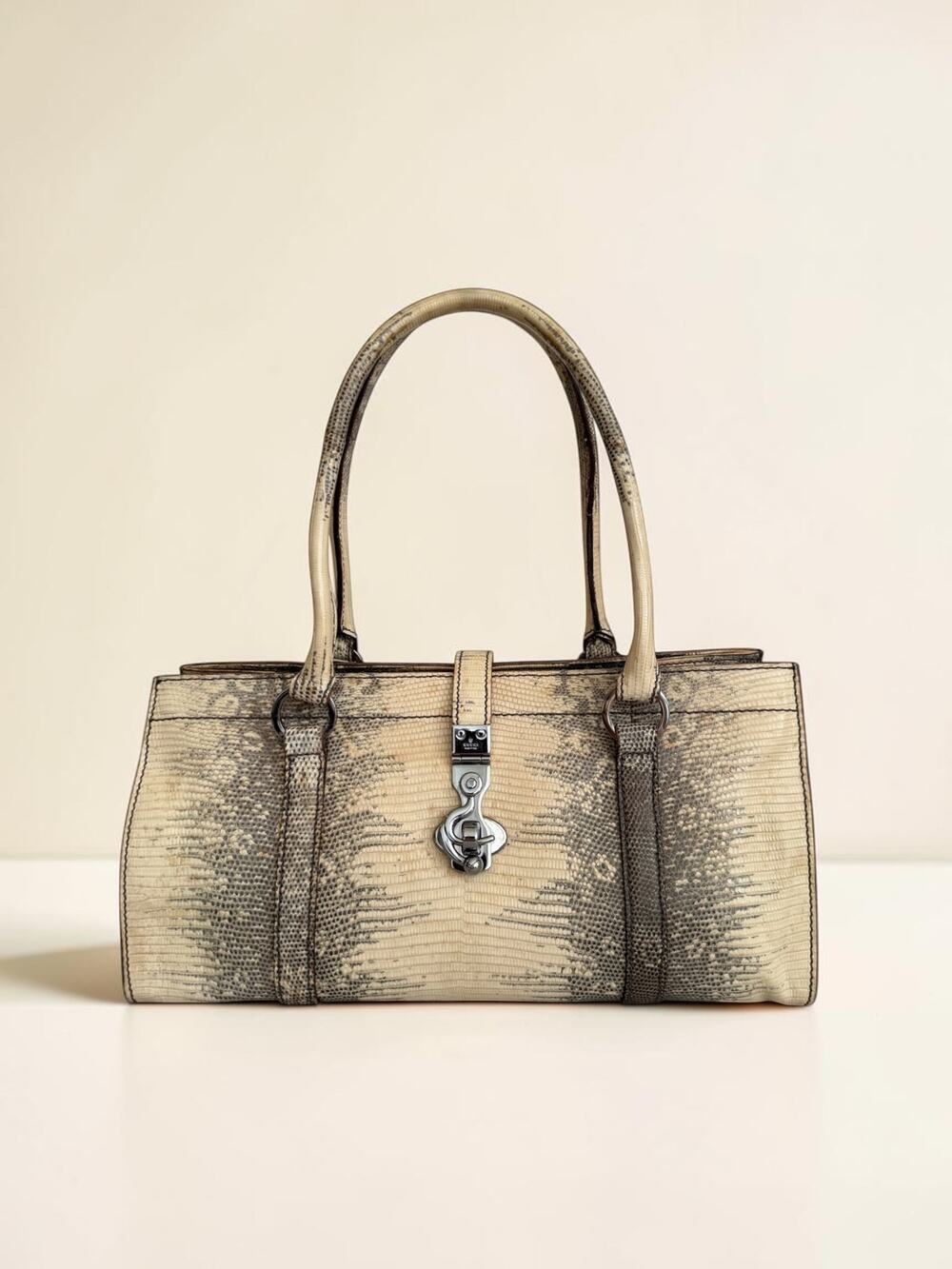 Vintage Gucci Cream Teju Lizard Barrel Tote Bag